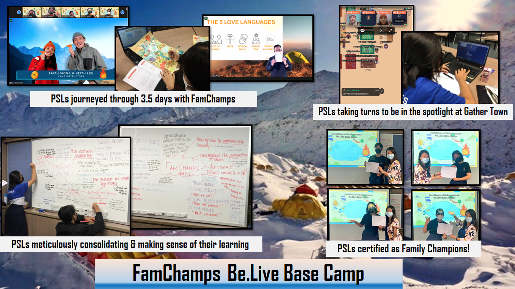 Collage of FamChamps Be.Live Base Camp activities showing participants in online sessions, whiteboard notes, and certificate photos.